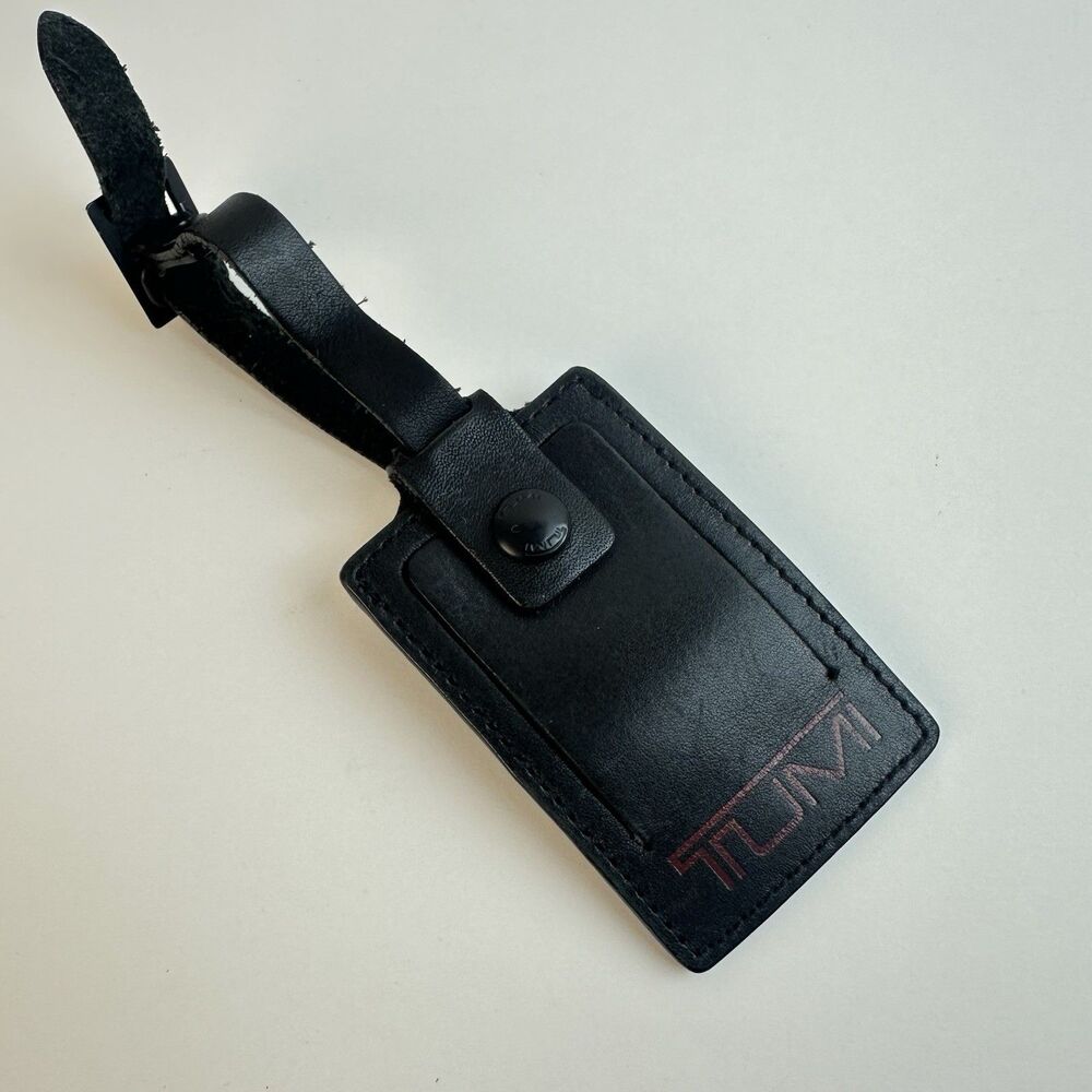 TUMI Black Leather Luggage Bag ID Tag Red Logo Adjustable Strap Privacy Flap